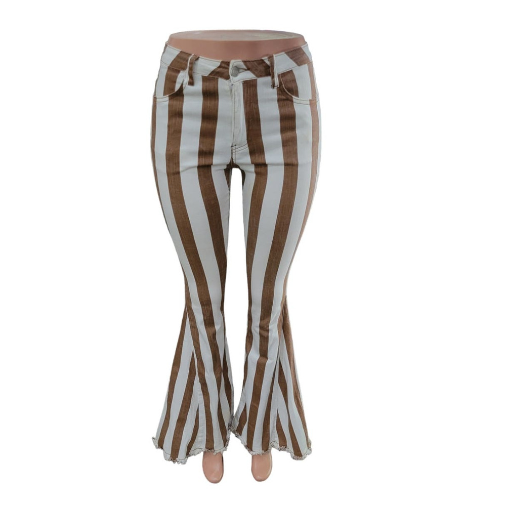 Saints & Hearts Women's Striped Flare Leg Pants Size Small Brown White